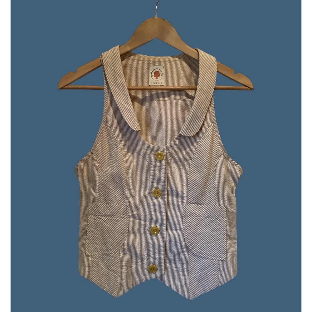 Tulle Womens Khaki & White Striped Button Up Vest Sz M